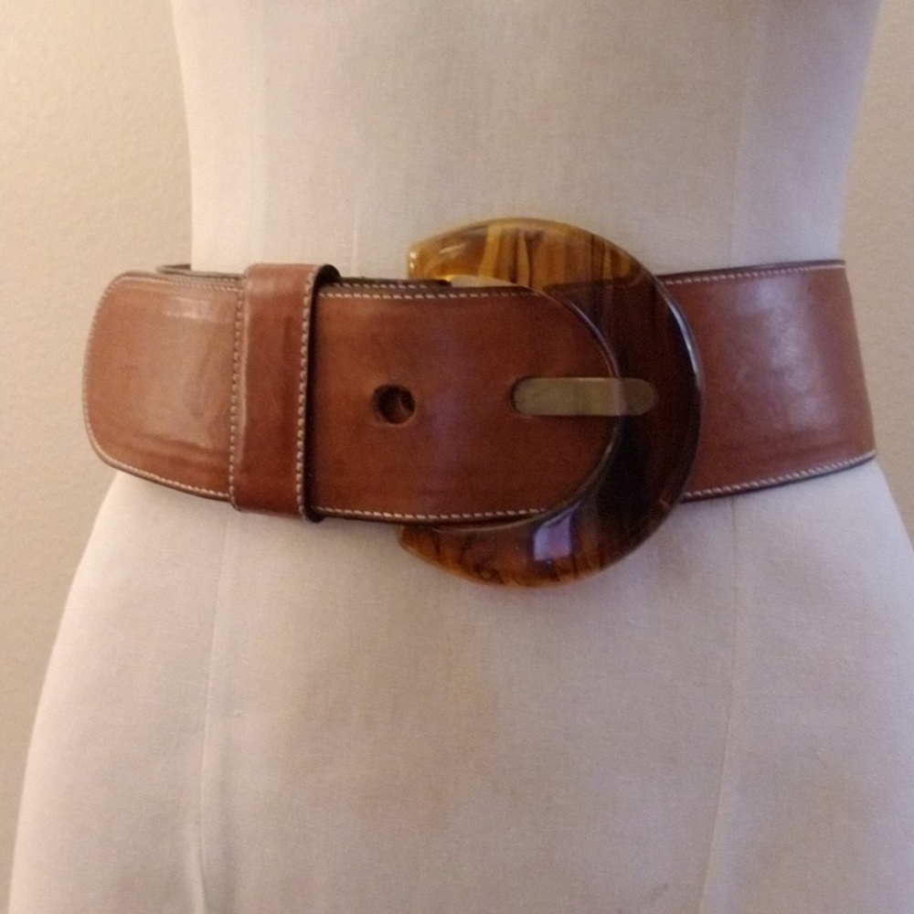 Vintage Leather Belt Tortoise Shell Buckle Reduced